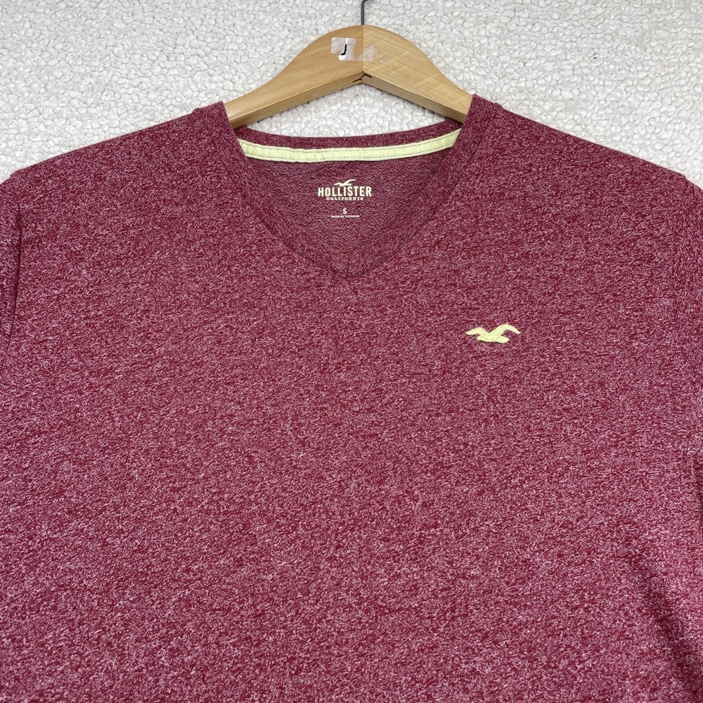 Hollister‎ T-Shirt Mens S Red Burgundy V-Neck Short Sleeve Logo Heathered Tee